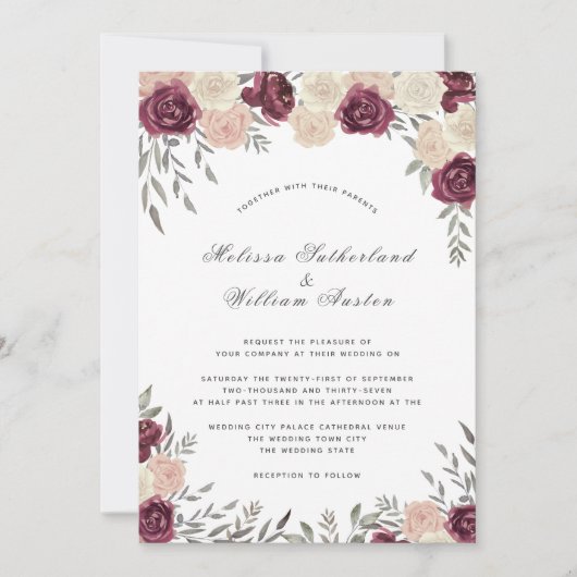 Invitation Bourgogne Rose Poussiéreux Fard Rose Mariage (Devant)