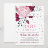 Invitation Bourgogne rose rose floral argent parties scintill (Devant / Derrière)