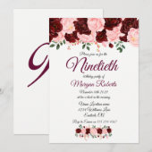 Invitation Bourgogne Rose rose Floral Ninetieth 90e anniversa (Devant / Derrière)