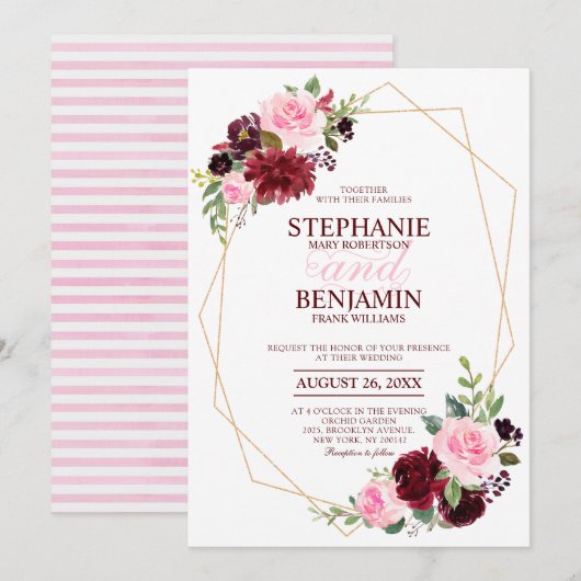 Invitation Bourgogne rose rose rose Floral mariage géométriqu (Devant / Derrière)