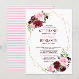 Invitation Bourgogne rose rose rose Floral mariage géométriqu