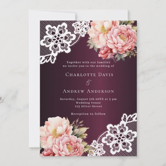 Invitation Bourgogne rose rose rose or rose dentelle fleurie (Devant)