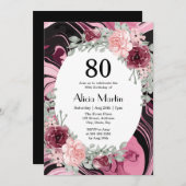 Invitation Bourgogne rose Roses Flora Marbre Fluide Anniversa (Devant / Derrière)