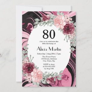 Invitation Bourgogne rose Roses Flora Marbre Fluide Anniversa