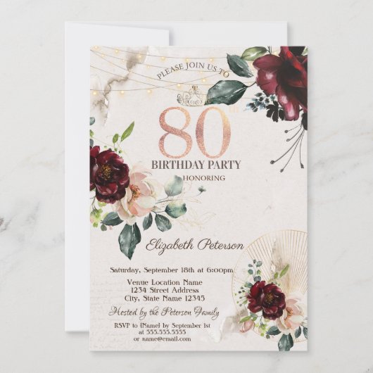 Invitation Bourgogne Rose String Lights 80e anniversaire (Devant)
