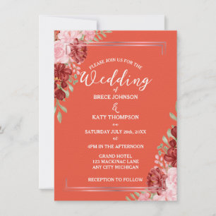 Invitation Bourgogne & Rose sur Coral Pink Floral Mariage