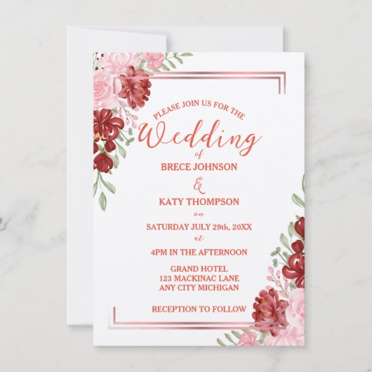 Invitation Bourgogne & Rose sur Mariage floral blanc élégant (Devant)