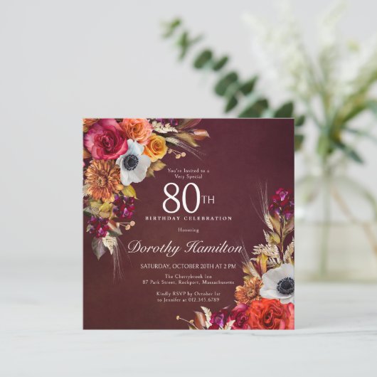 Invitation Bourgogne Rouge Automne Fleurs Script 80e annivers (Debout devant)