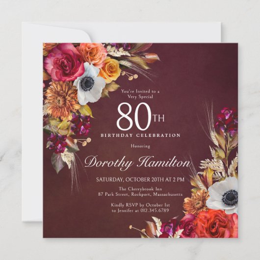 Invitation Bourgogne Rouge Automne Fleurs Script 80e annivers (Devant)