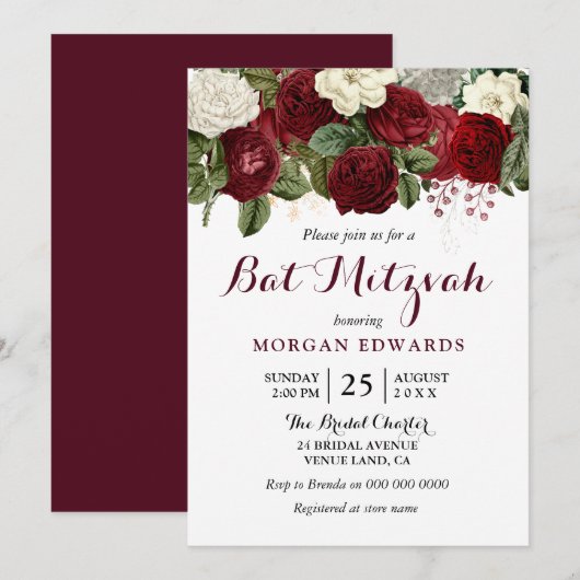 Invitation Bourgogne Rouge Blanc Floral Bat mitzvah Invitatio (Devant / Derrière)