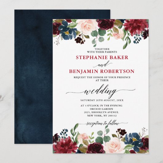 Invitation Bourgogne Rouge bleu Floral Russe Boho mariage (Devant / Derrière)