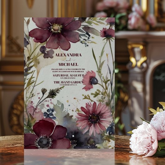 Invitation Bourgogne Rouge Bleu Mariage de verdure