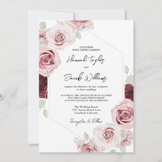 Invitation Bourgogne rouge bleu rose Mariage floral (Devant)