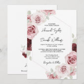 Invitation Bourgogne rouge bleu rose Mariage floral (Devant / Derrière)