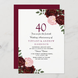 Invitation Bourgogne Rouge Blush Floral 40e anniversaire Mari