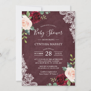 Invitation Bourgogne Rouge Blush Floral Dentelle Baby shower