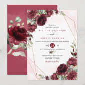 Invitation Bourgogne Rouge Blush or Mariage géométrique de ve (Devant / Derrière)