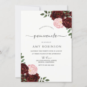 Invitation Bourgogne Rouge & Blush Roses Quinceanera Invitati