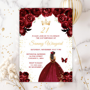 Invitation Bourgogne Rouge Brunette Cheveux Princesse Anniver