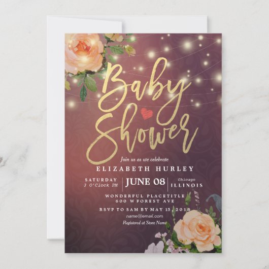 Invitation Bourgogne Rouge Chic Floral Baby shower des lumièr (Devant)