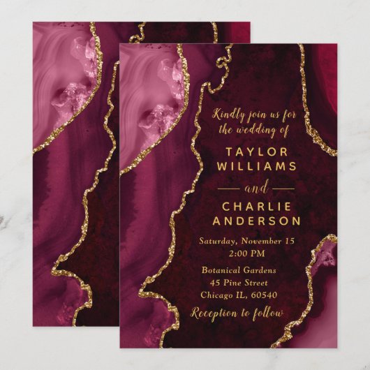 Invitation Bourgogne Rouge et Agate Dorée Mariage de Marbre (Devant / Derrière)
