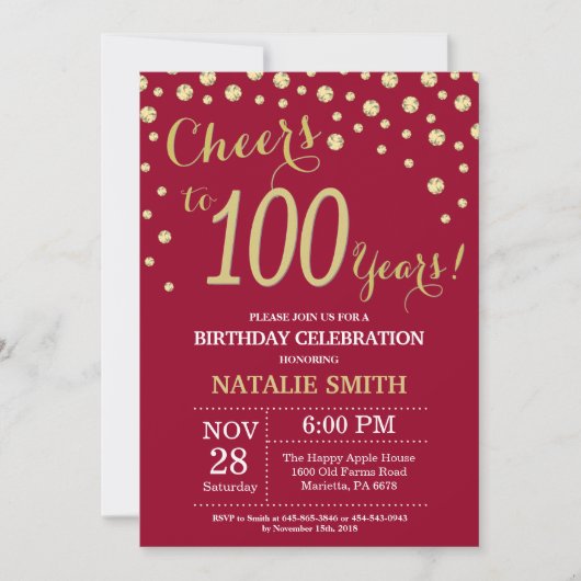 Invitation Bourgogne Rouge et or 100e Anniversaire Diamant (Devant)