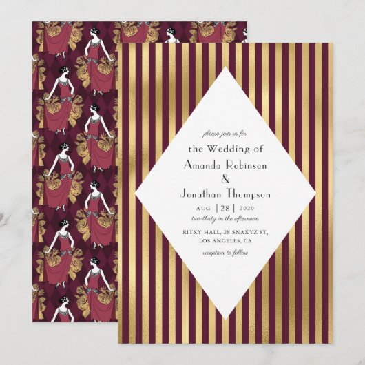 Invitation Bourgogne Rouge et or Paris Art Déco Mariage (Devant / Derrière)
