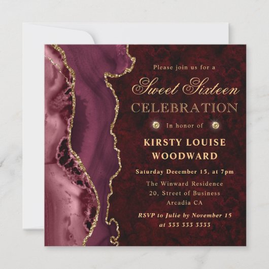 Invitation Bourgogne rouge et or Parties scintillant Agate Sw (Devant)