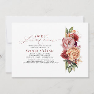 Invitation Bourgogne rouge et orange Sweet sixteen floral chi