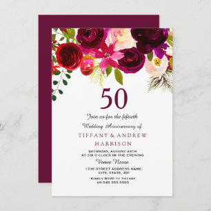Invitation Bourgogne Rouge Floral Boho 50e anniversaire de Ma