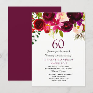 Invitation Bourgogne Rouge Floral Boho 60ème Anniversaire de