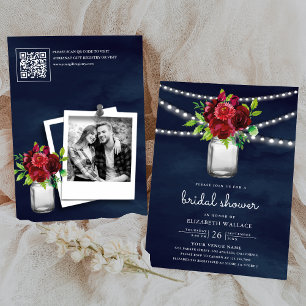Invitation Bourgogne Rouge Floral Marine Code QR Réception de