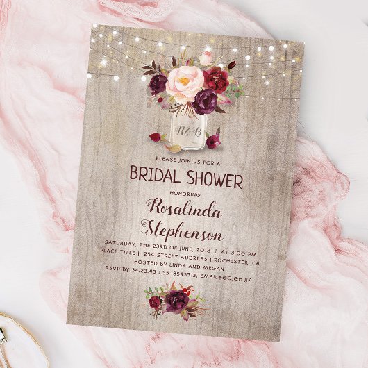 Invitation Bourgogne Rouge Floral Mason Jar Fête des mariées 