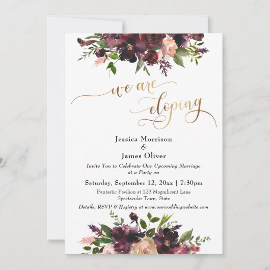 Invitation Bourgogne Rouge Floral & Or Élégant Nous nous enfu (Devant)