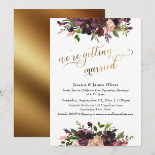 Invitation Bourgogne Rouge Floral & Or On Se Marie