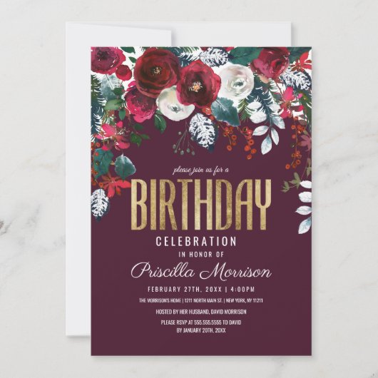 Invitation Bourgogne Rouge ivoire arrangement floral Annivers (Devant)