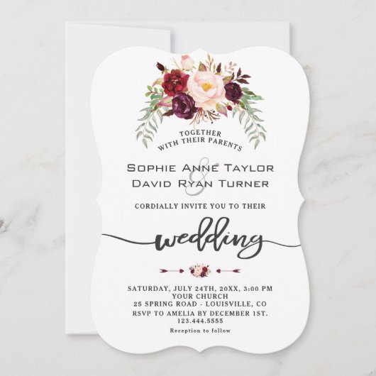 Invitation Bourgogne Rouge Marsala Floral Mariage (Devant)