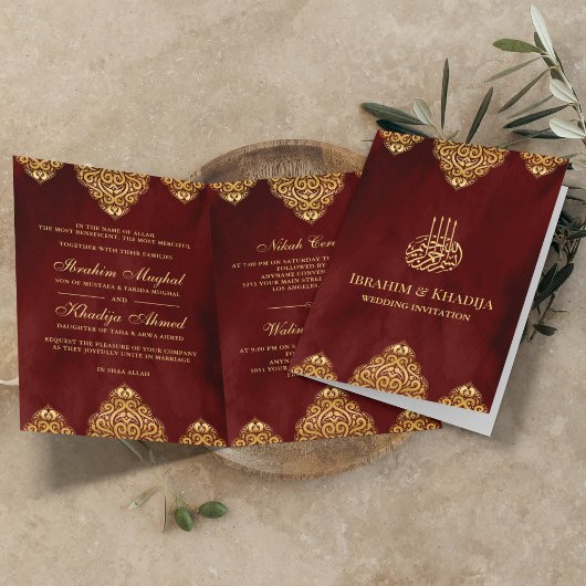 Invitation Bourgogne rouge or islamique Motif musulman Mariag