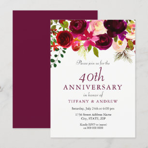 Invitation Bourgogne Rouge Rubis Floral 40e Anniversaire de M