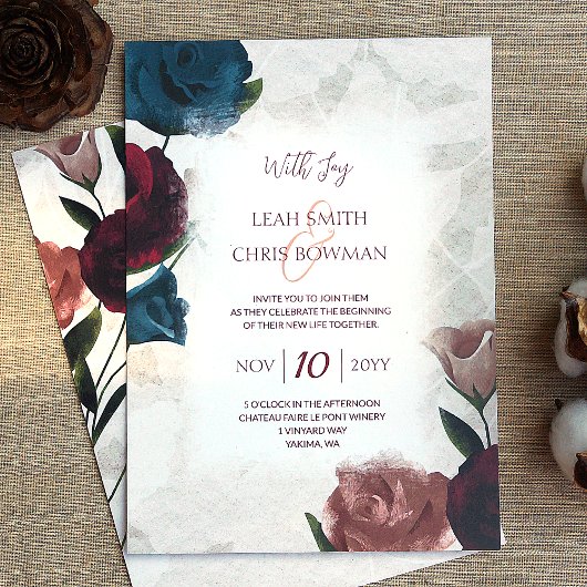 Invitation Bourgogne, Rouge, Turquoise, Beige Rose Mariage