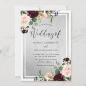 Invitation Bourgogne Rouge Vin Blush Fleurs & Mariage Argent (Devant)