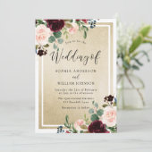 Invitation Bourgogne Rouge Vin Blush Fleurs & Mariage Or (Debout devant)