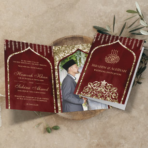 Invitation Bourgogne Rouge Vintage Or Arc Islamique Mariage
