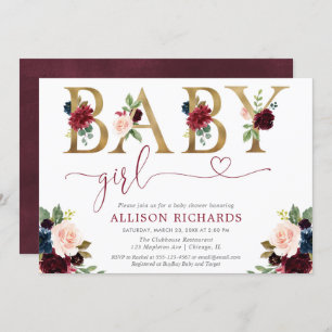 Invitation Bourgogne rougissent baby shower floral de fille