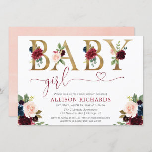 Invitation Bourgogne rougissent baby shower floral de fille