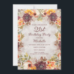 Invitation Bourgogne rouille Orange Floral Femmes 21ème anniv<br><div class="desc">Elégante rouille bordeaux,  orange,  couleur crème fleurie et feuillage pour les femmes de 21e anniversaire invitation à la fête. Concevez vos invitations pour n'importe quel âge.</div>