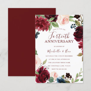 Invitation Bourgogne Rubis Rouge Floral 40e Anniversaire de M