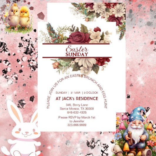 Invitation Bourgogne Russe Roses Pastel Floral Pâques dimanch