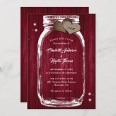 Invitation Bourgogne Rustic Wood Hearts Mason Jar Mariage (Devant / Derrière)
