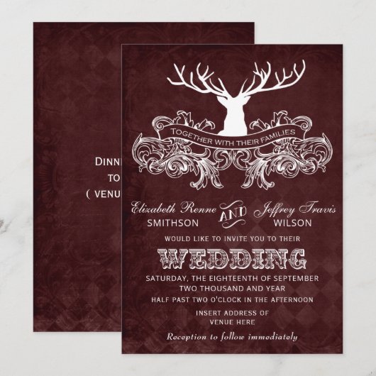 Invitation Bourgogne Rustique Antler Deer Mariage Woodland (Devant / Derrière)